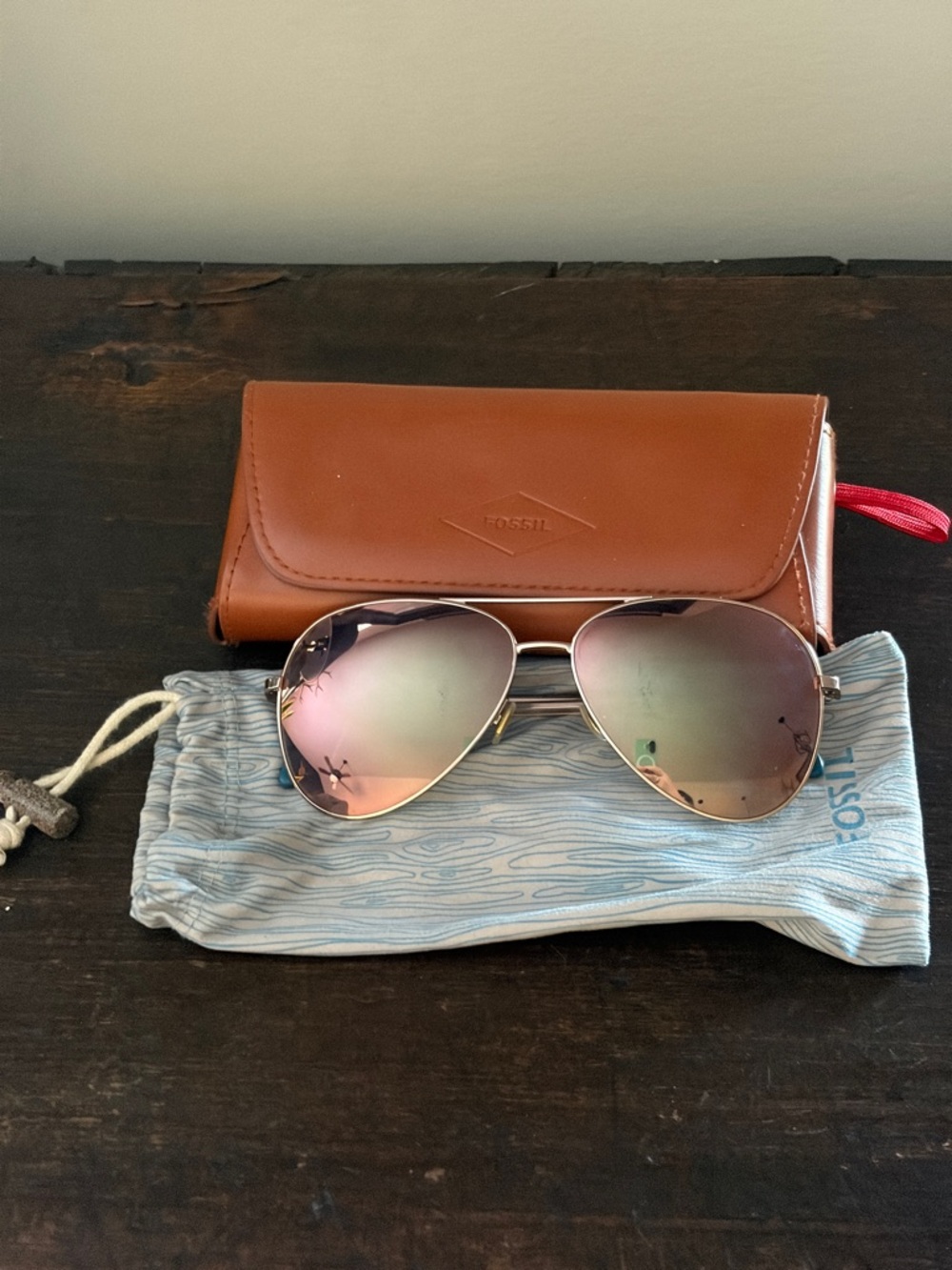 Fossil Coleto Aviator Sunglasses Rose Gold Lenses and Brown Case